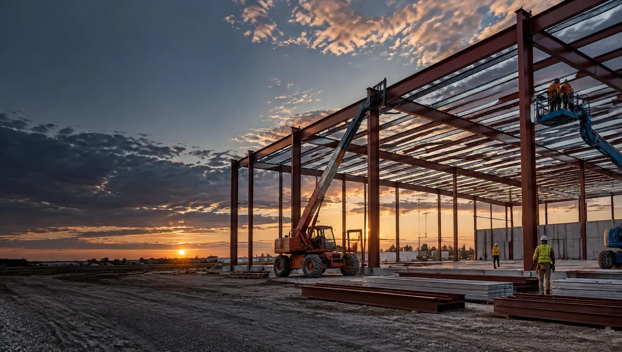 Structural steel building frame during erection